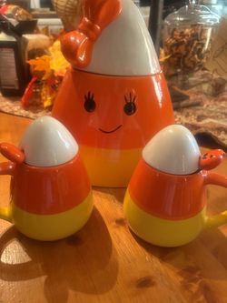 Candy Corn Ceramic Cookie Jar and Mug Set