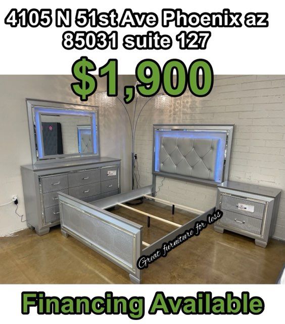 Queen Size Led Bedroom Set Include Bed Frame Dresser Mirror And Night and Brand New