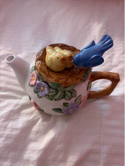 Vintage Teleflora Ceramic Teapot White With Floral, Blue Bird W/ Baby Birdies