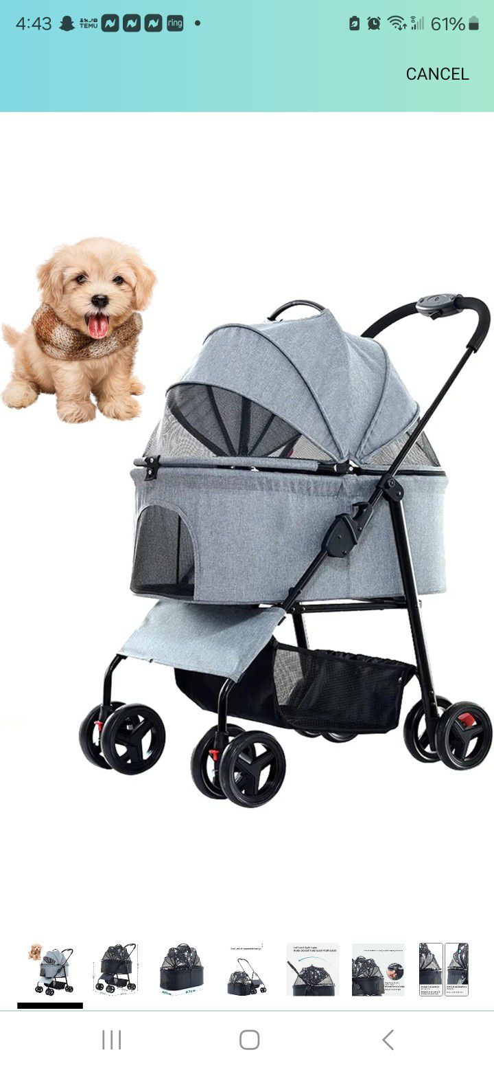 Travel Pet Stroller for Dogs, Cats, One-Click Fold Jogger Pushchair with 4 Wheels and Removable Carrier for Small Medium Dogs Cats,Grey

