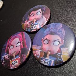 New K-Pop Demon Hunters Buttons, Rumy, Zoey and Mira, measure 2" (3 pins)
