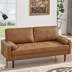 58" Loveseat Sofa Couch, Mid Century Modern Faux Leather Couch with Hand-Sewn De