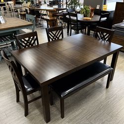 Brown Dining Set w Bench & Padded Chair - Cascade