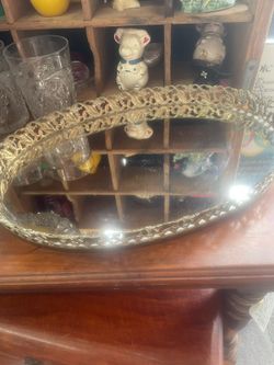 Vintage oval gold mirror vanity tray
