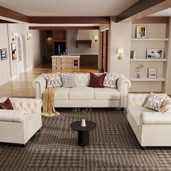  3 Piece Classic Chesterfield 6-Seater Set, Tufted Chair & Loveseat & Sofa Solid Wood Legs Thick Cushion, Pet-Friendly Couch Set Furniture for Living 