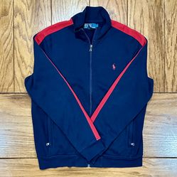 🔴 Blue Red PONY Mens LARGE Ralph Lauren POLO Long Sleeve Track Zipper Vintage Dress Sweater Shirt