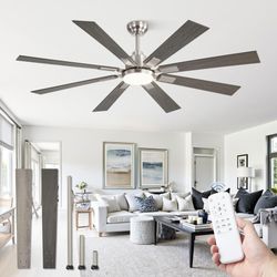 ZMISHIBO 62 inch Brushed Nickel Modern Ceiling Fan with Light and Remote, Indoor/Outdoor Industrial Ceiling Fan for Living Room Patio, 6 Speed Reversi