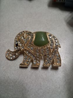 Gold Elephant Brooch with Rhinestones and Green Stone