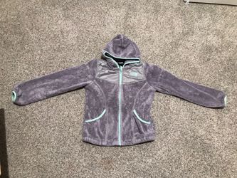 Kids Size 10/12 North face Fleece gray and teal fuzzy hoodie