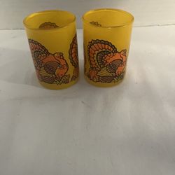 2 Vtg. Glass Votive Candle Holders Thanksgiving Turkey Fall Pumpkin Squash 3X2"