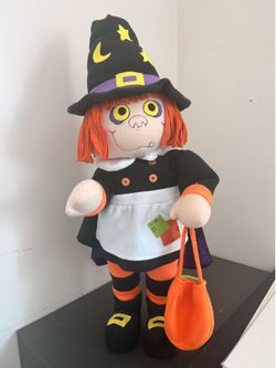 Vintage Halloween Witch Plush Doll Decoration with Orange Trick-or-Treat Bag