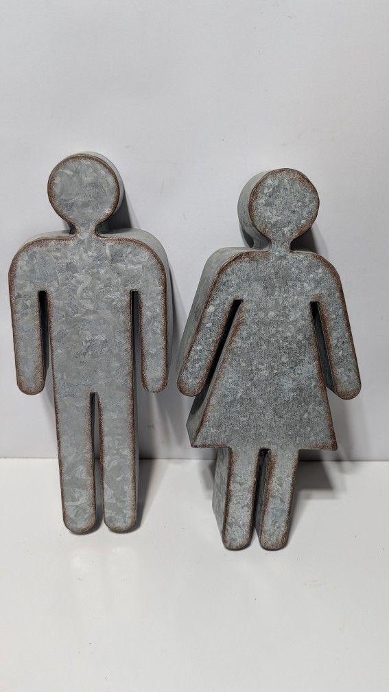 Galvanized Metal Male Female Restroom Figures Rustic Industrial Home Decor 14.5"