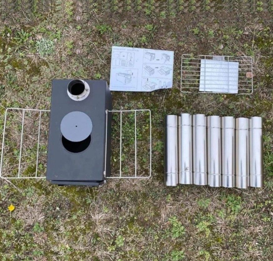 Outdoor camping wood stove with chimney pipes/ foldable stainless steel stove/ new open box 👍