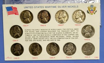🔥 Complete WWII Silver Nickel Set (11 Coins) – Vintage Holder! Silver!