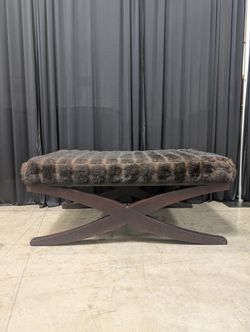 Ribbed Faux Fur X-Base Ottoman in Dark Wood