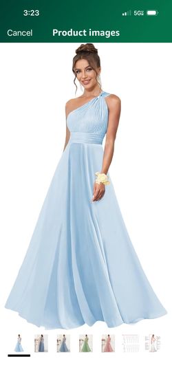 One Shoulder Bridesmaid Dresses for Wedding Chiffon A Line Pleated Long Formal Prom Dress with Pockets Light Blue Size 0