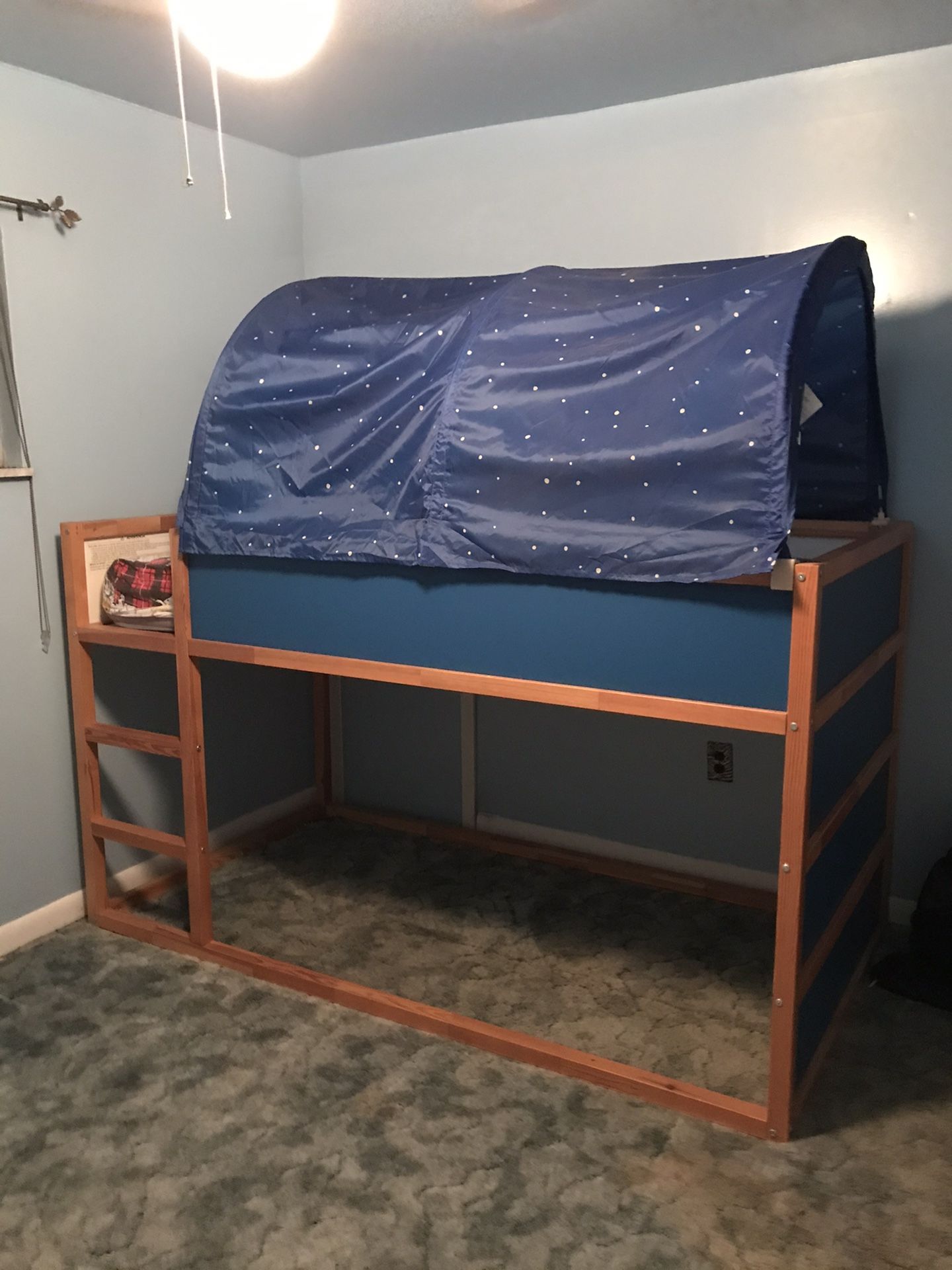 IKEA Kura Kids Blue Twin Loft Bunk Bed Reversible Stars Tent