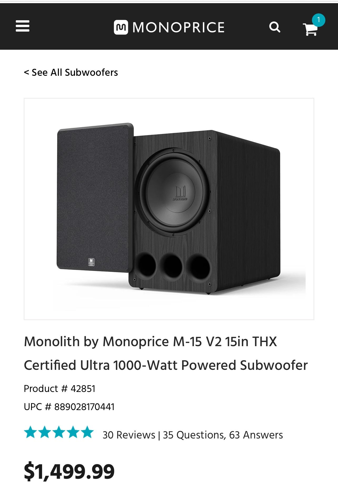Monolith by Monoprice M-15 V2 15in THX Certified Ultra 1000-Watt Powered Subwoofer