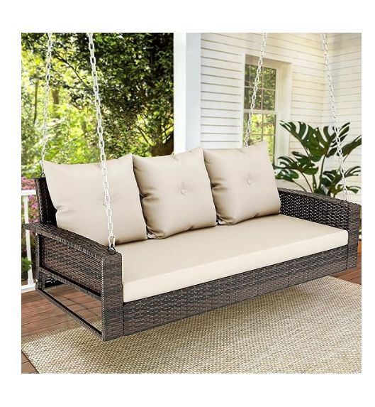 3-Seats Wicker Hanging Porch Swing Chair