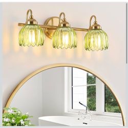 Vintage Bathroom Light Fixtures, 3-Light Brass Vanity Lights with Green Tulip Glass Shade, Vanity Sconces for Bathroom Bedroom Living Room Hallway, 3-
