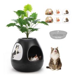 Cat Cave, 3-in-1 Cat House Condo with Plant, Cat Cushioned Bed, Cat Scratchers