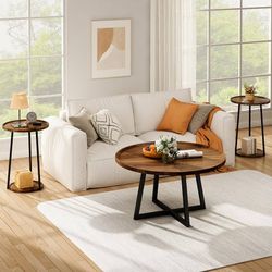 Coffee Table and End Table Sets, Round Coffee Table Set & 2 End Side Tables, Easy Assembly Vintage Living Room Table Set of 3, Suitable for Offices, L
