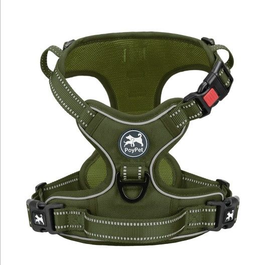 PoyPet No Pull Dog Harness, No Choke Reflective Dog Vest, Adjustable Pet Harnesses with Easy Control Padded Handle for Small Medium Large Dogs(Militar