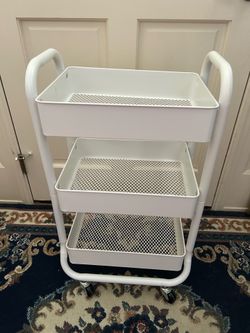 3 Tier Heavy Duty White Metal Rolling Cart with Lockable Wheels, Three Tier Roller Book Snack Cart, Utility Storage Organizer Carts for Kitchen, Bathr