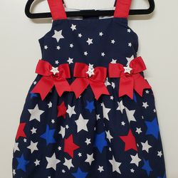 Patriotic Red White & Blue Dress - Star Print With Bows, Size 2T 