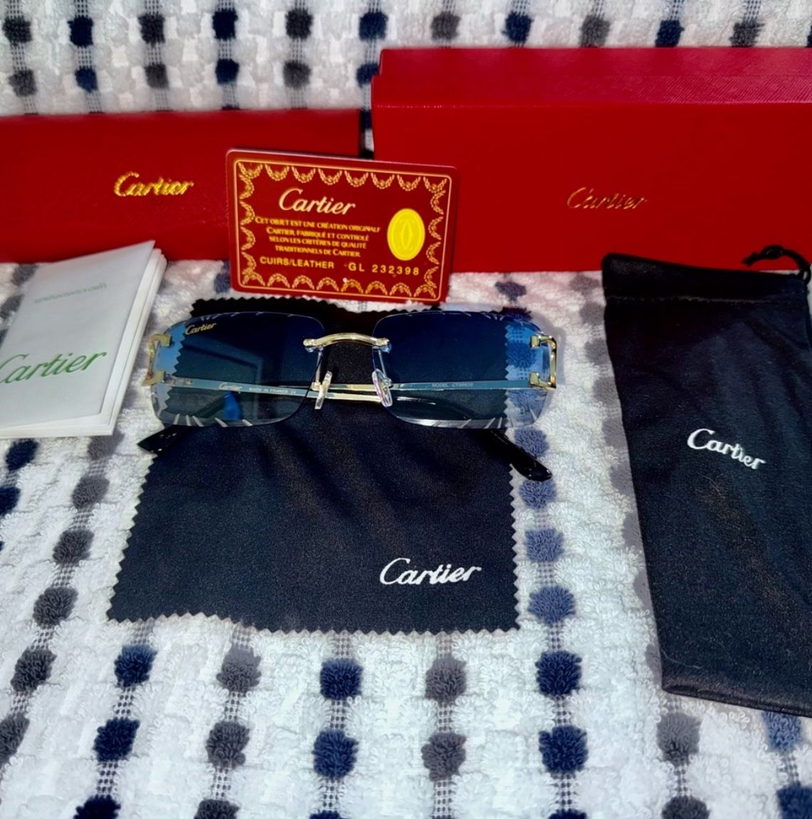 Cartier C-decor Gold Wire Blue Tint Diamond Cut Rimless Lenses