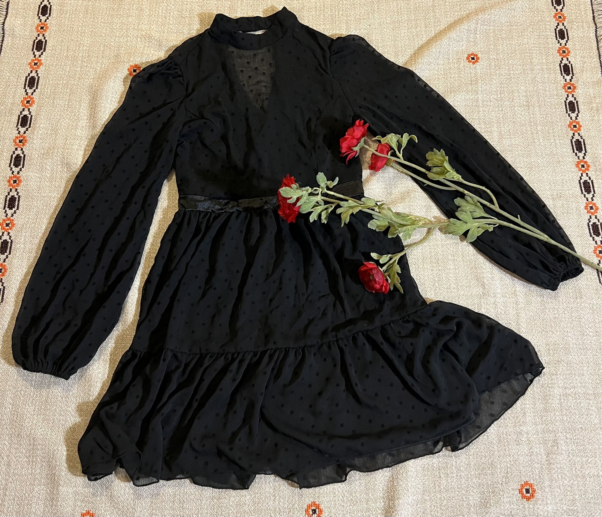 Women Polka Dot Black Dress Blouson Sleeve Dress Black Size Small Long Sleeve