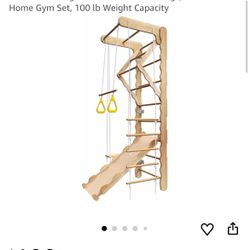 Indoor Climbing Wall with Slide and Rings, Wooden Kids Home Gym Set, 100 lb Weight Capacity