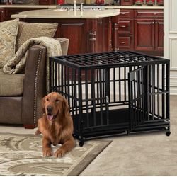 46 Inch Heavy Duty Dog Crate Single Door Double Latches Foldable Dog Kennel with Trays for Large Dogs