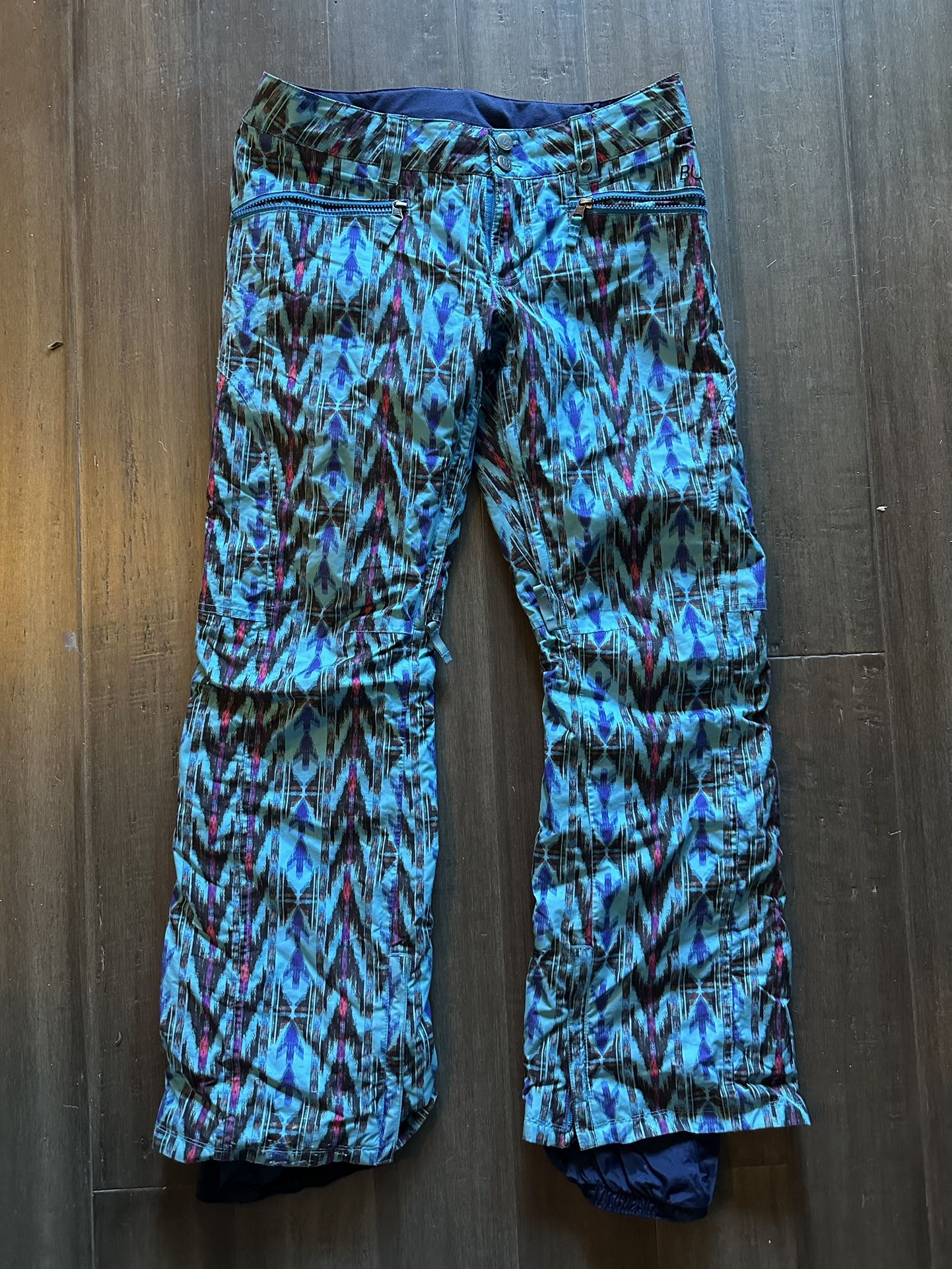 Burton M Blue Tie Dye Ikat Women’s Snowboard Pants RARE Pink Black Pattern fit s Da Nang style 