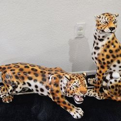 2 Large Italian Ceramic Leopard Statues –one 22" Tall &  Other 26" Long– Beautiful Home Decor