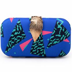 Stylish Hard Shell Clutch | Blue Geometric Print | Gold Leaf Clasp | New