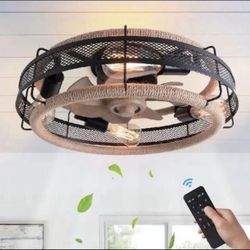 Fan Blade 14.96 in. 19.7 in. Indoor Black Bohemian Hemp Rope Ceiling Fan Light, Bulb Not Included, with Remote Control
