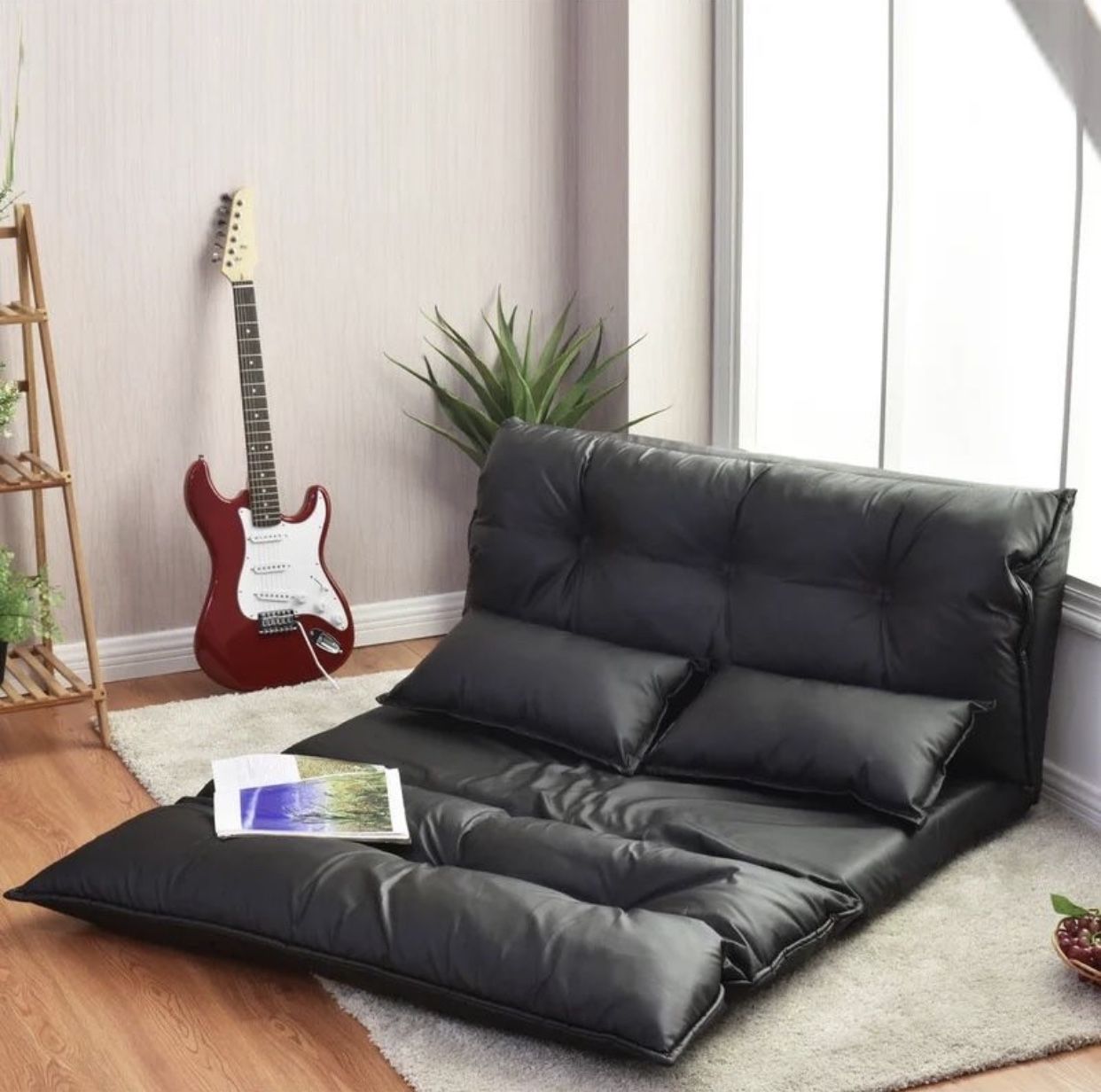 Merax PU Leather Foldable Floor Sofa/Bed with Two Pillows Black