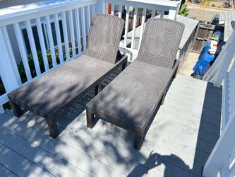 Outdoor patio furniture, hard, plastic lounge, chairs, very durable, dark brown