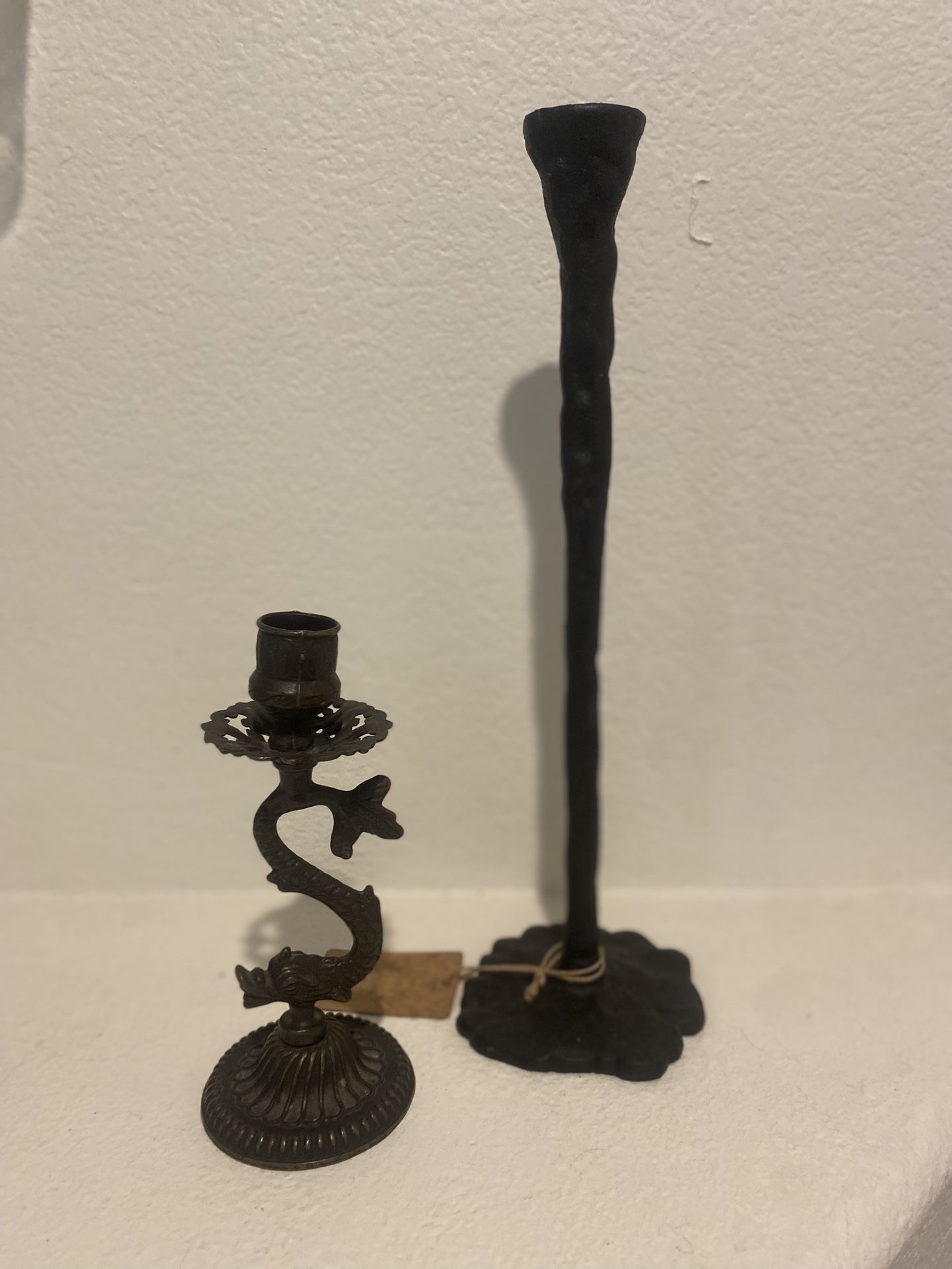 Slim Hammered Metal Taper Candle And Unpolished Ornate Dragon Fish Solid Brass Candle Holders