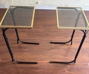 Pair of Vintage Mid Century Modern Folding Side Tables  with Brass-framed Glass Tops  & Black Metal Bases