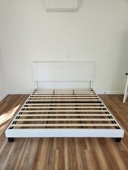 New White Velvet King Platform Bed Frame Headboard,  Bedspread & Shams, wood slats support, Fully upholstered mattress foundation/no boxspring needed