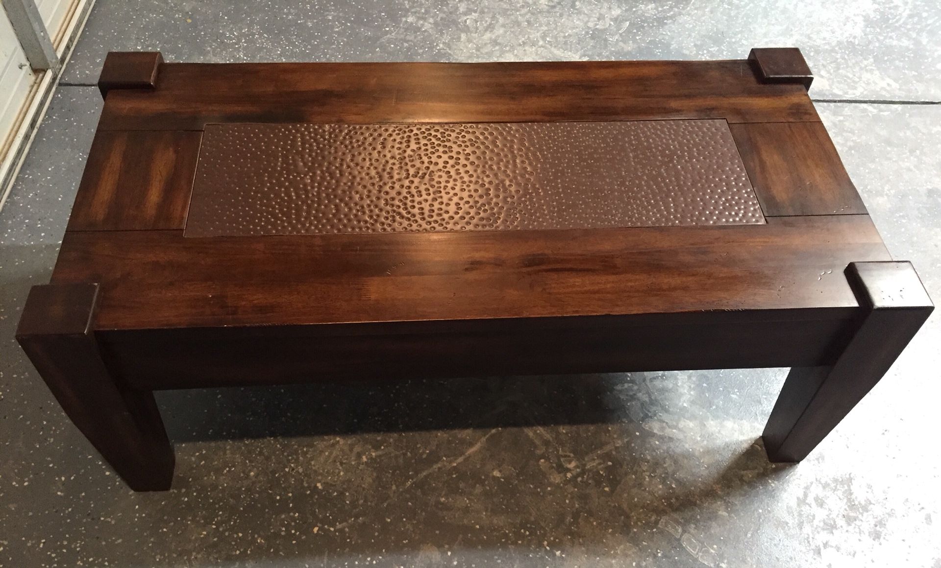 Solid wood World Market coffee table, hammered copper inlaid top, refinished in burnished bronze