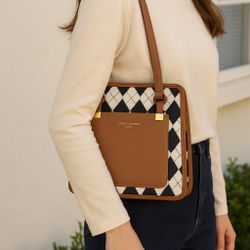 Argyle Shoulder Bag Brown PU Leather Handbag – Preppy Retro Style