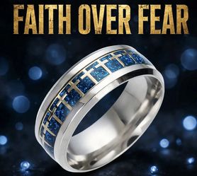 NEW - Men's Inspirational Faith Ring Beautiful Christian cross band - silver tone with royal blue sparkle inlay and crosses all around. Brand new, nev
