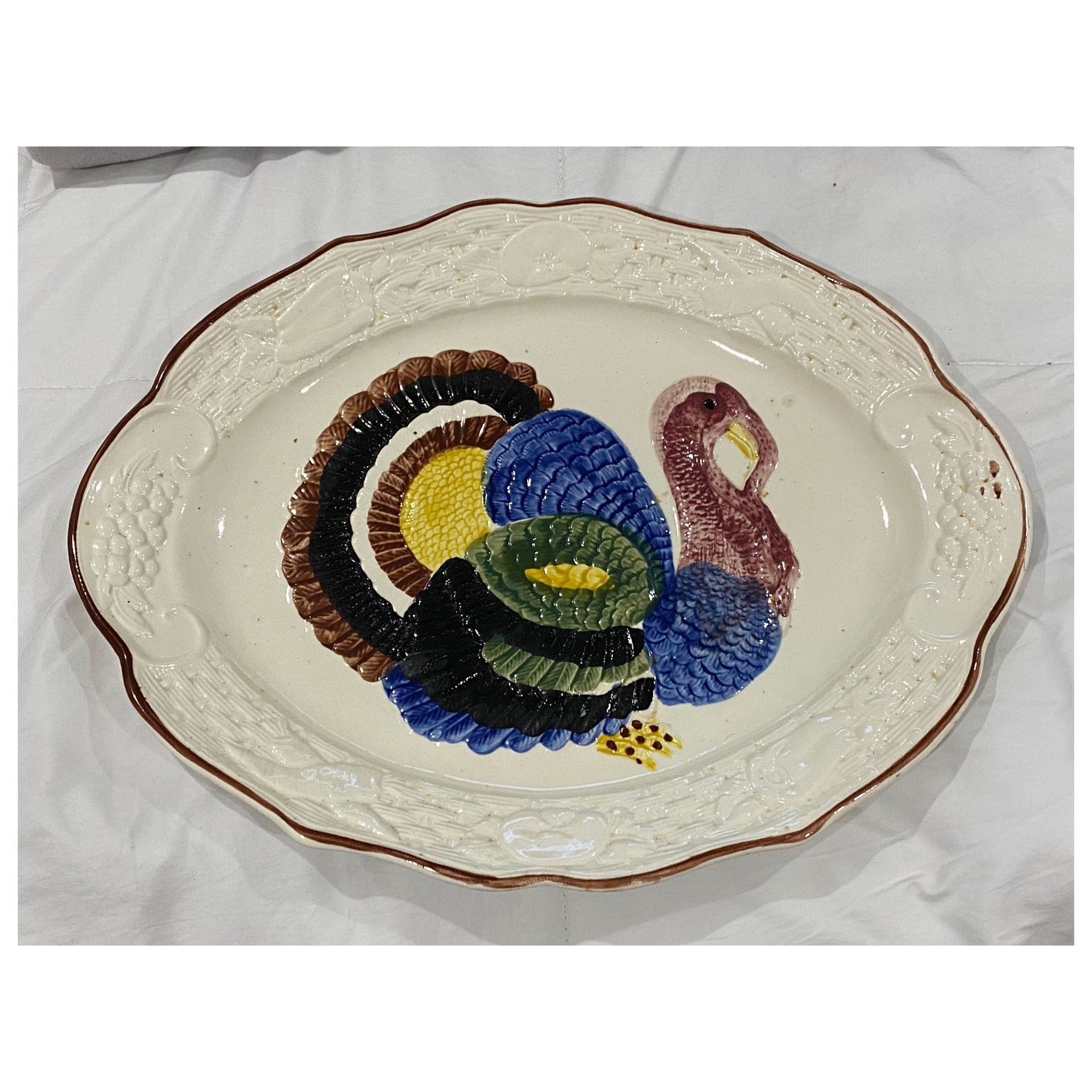 Vintage Majolica Hand Painted Ceramic Turkey Serving Tray or Platter - Motif Thanksgiving