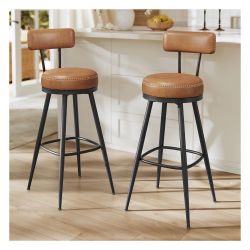 Bar Stools Set of 4 Swivel Bar Height with Back, 30-Inch PU Leather with Stitching, Transitional, for Kitchen, Caramel Brown, EKHO Collection ULBC889K
