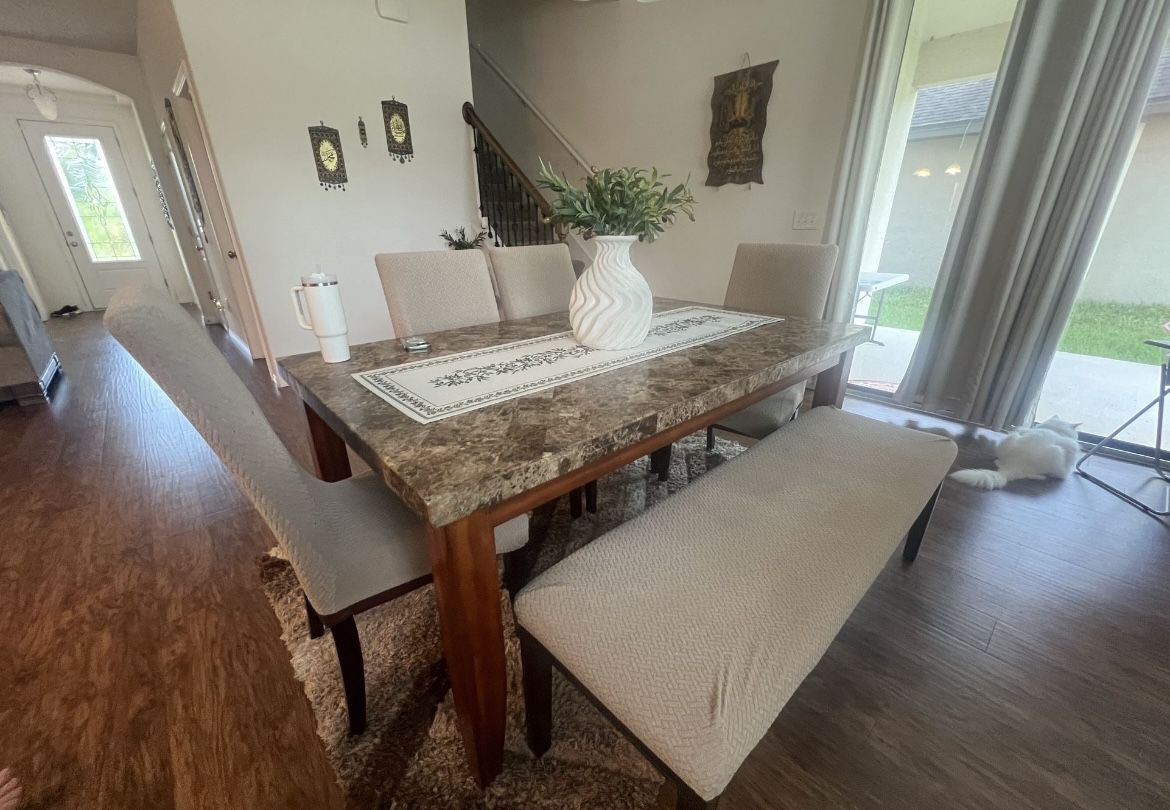Granite Dining Table With 4 Chairs And 1 Bench