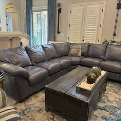 Genuine Leather Blue-Gray Sectional Sofa 