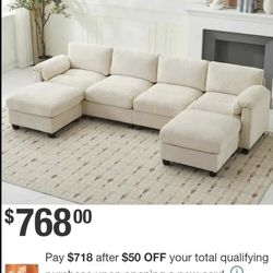 114.96 in Corduroy Modular U-Shaped Beige Sectional Sofa with 2-Ottomans for Living Room and Spacious Space